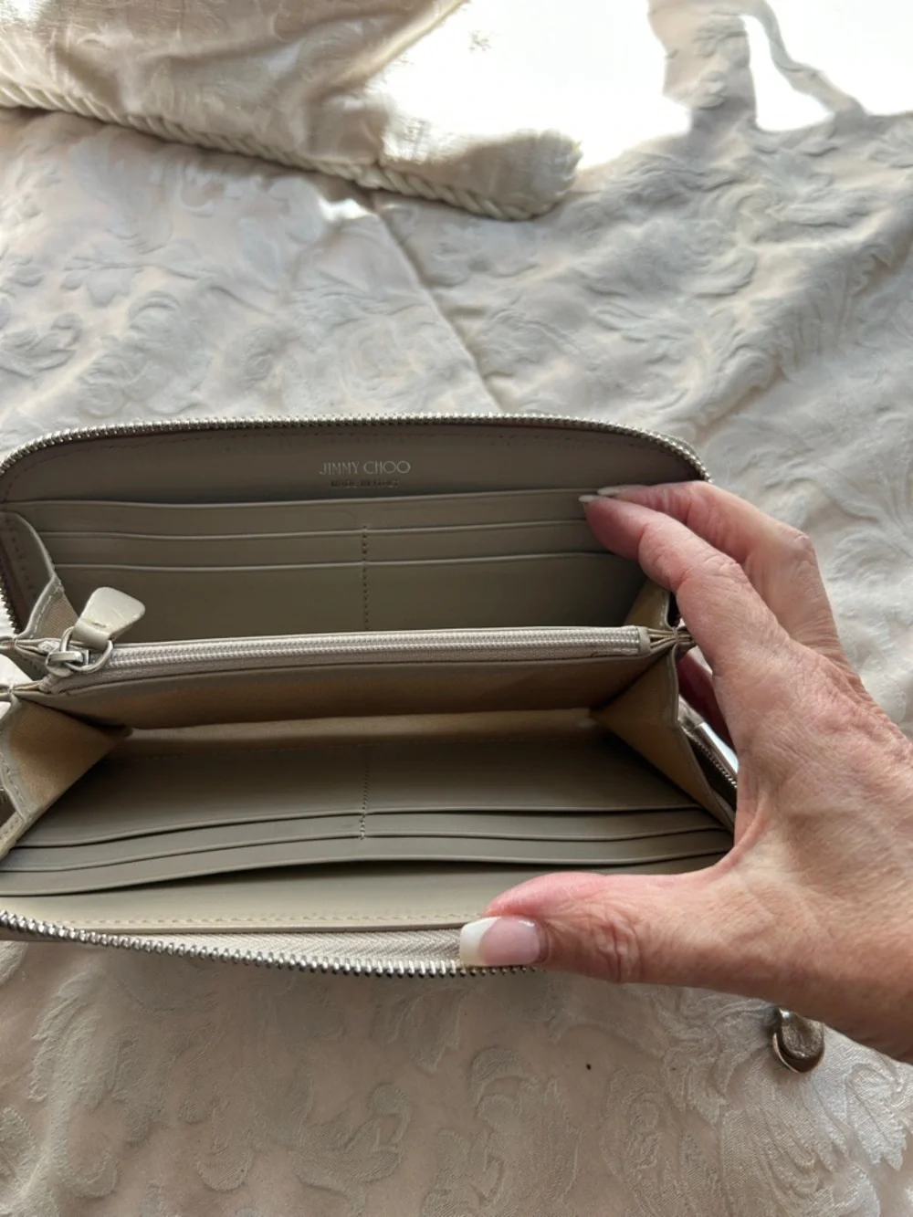 7021. Jimmy Choo Filipa Metallic Silver Star-Embellished Zip Around Wallet